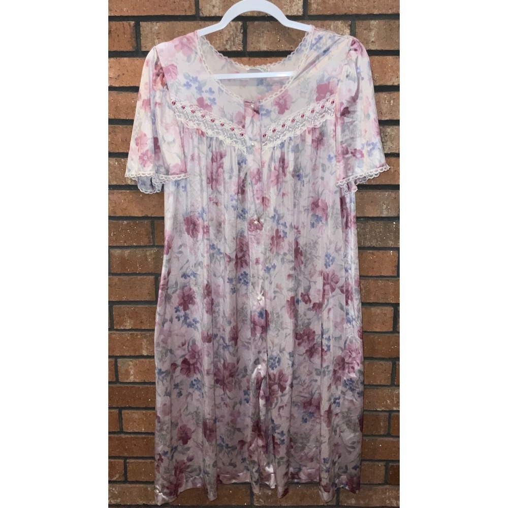 Vintage Lorraine Floral Nightgown Pink Lace Trim Button Front Pockets Midi M